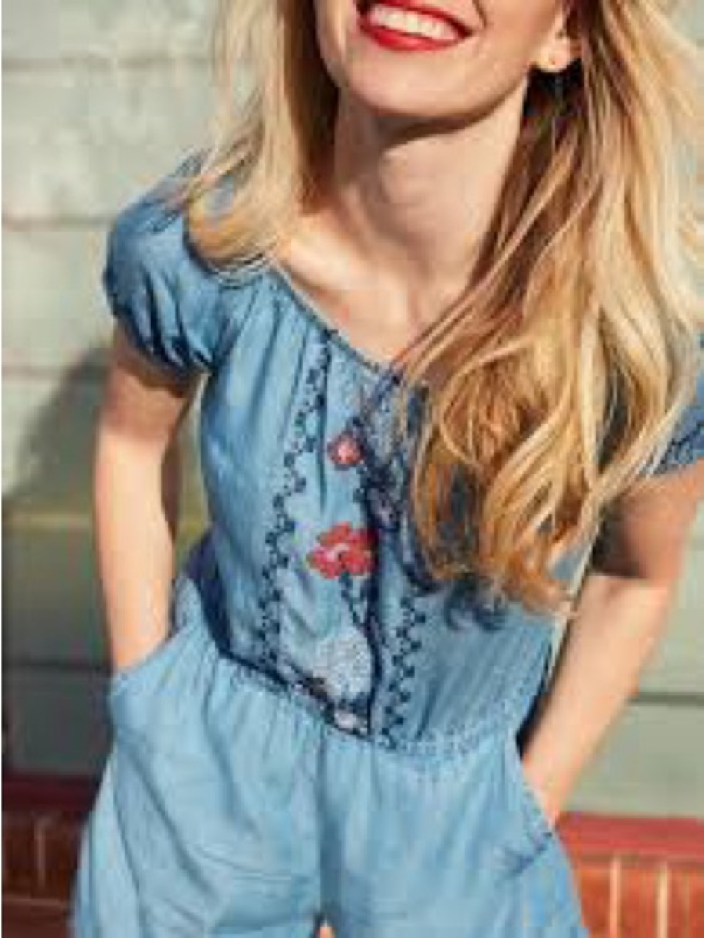 Blue Denim Chambray Romper with Red Floral Embroidery